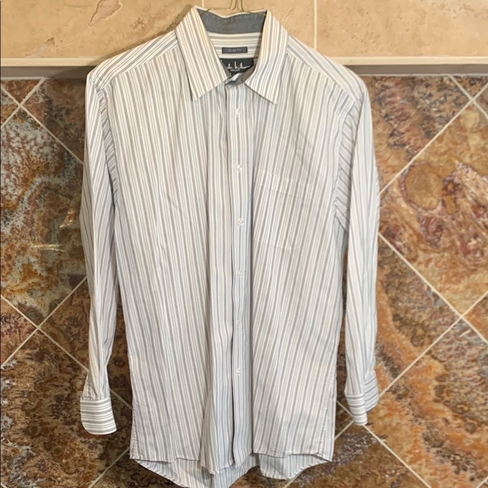 Men's Nicole Miller White Casual Button Down Shirt Striped Pattern 16 1/2, 32/33